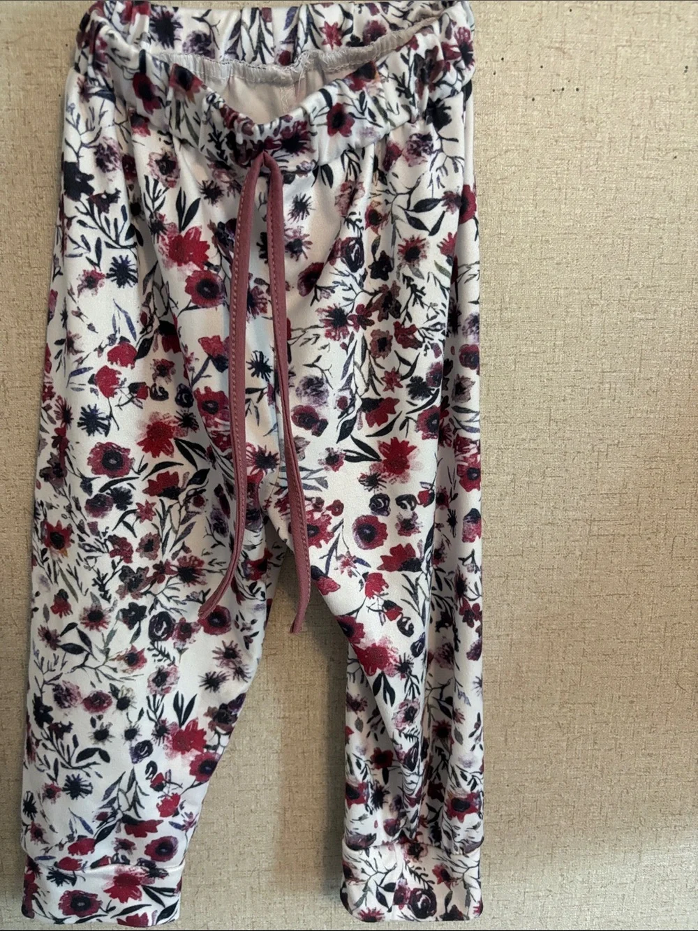 Floral Drawstring Jogger Pants - White with Red & Black Floral Print